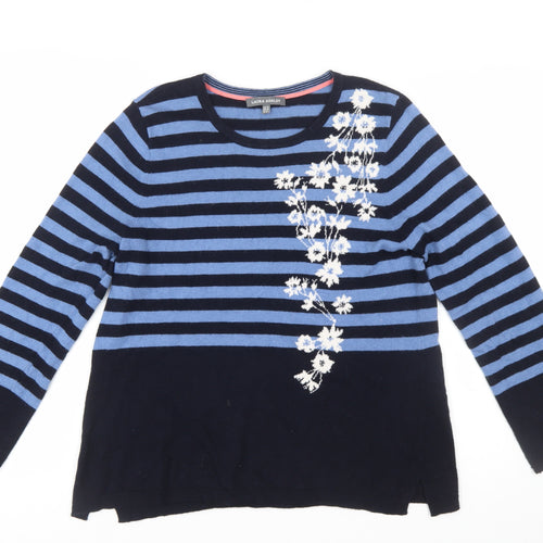 Laura Ashley Women Blue Floral Stripe Jumper Size 14 Knit Pullover