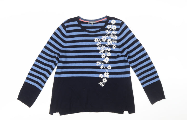 Laura Ashley Women Blue Floral Stripe Jumper Size 14 Knit Pullover