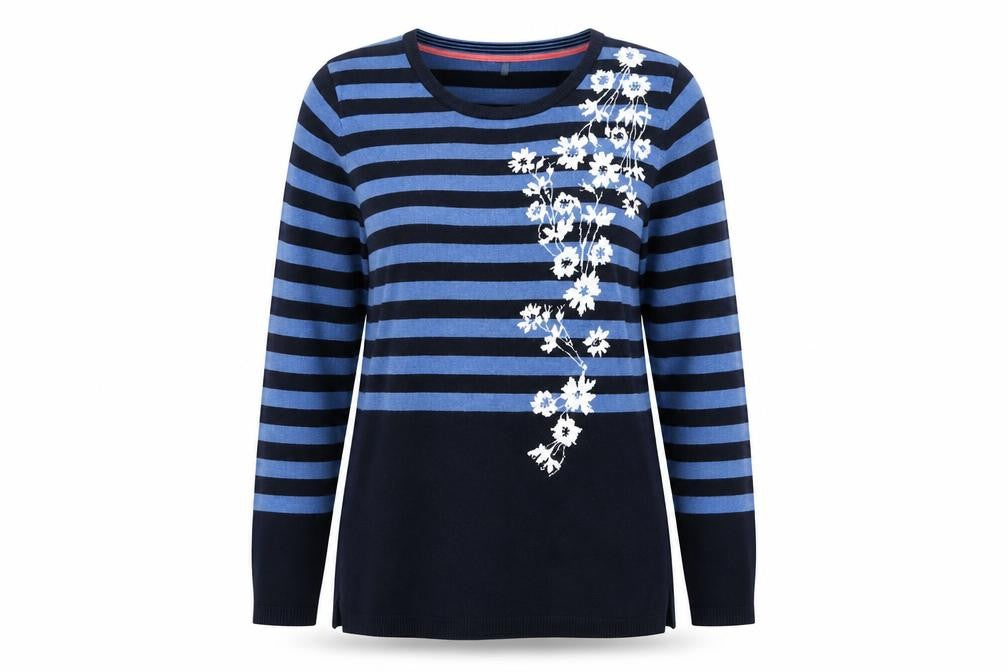 Front view of Laura Ashley Women Blue Floral Stripe Jumper, size 14, Knit Pullover