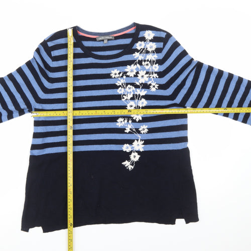 Laura Ashley Women Blue Floral Stripe Jumper Size 14 Knit Pullover