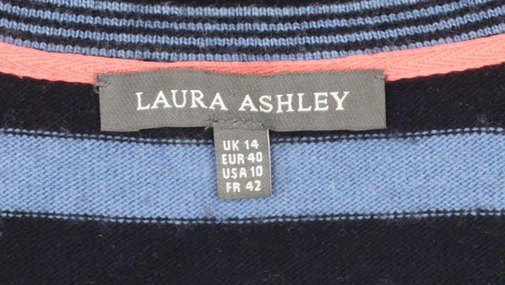 Laura Ashley Women Blue Floral Stripe Jumper Size 14 Knit Pullover