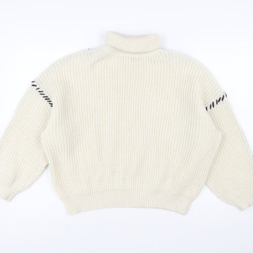 Boohoo Women Ivory High Neck Chunky Knit Relaxed Jumper M