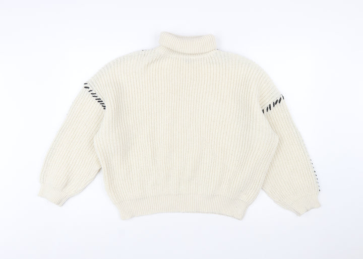 Boohoo Women Ivory High Neck Chunky Knit Relaxed Jumper M