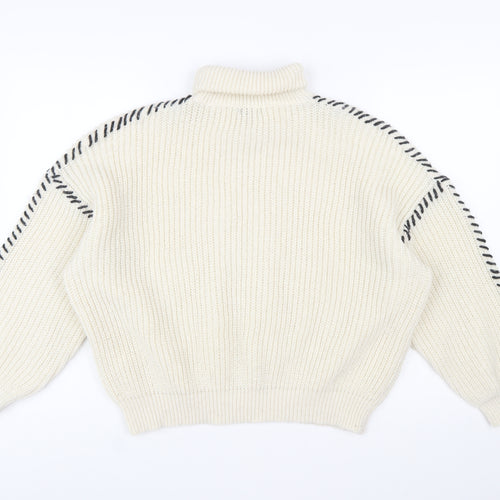 Boohoo Women Ivory High Neck Chunky Knit Relaxed Jumper M