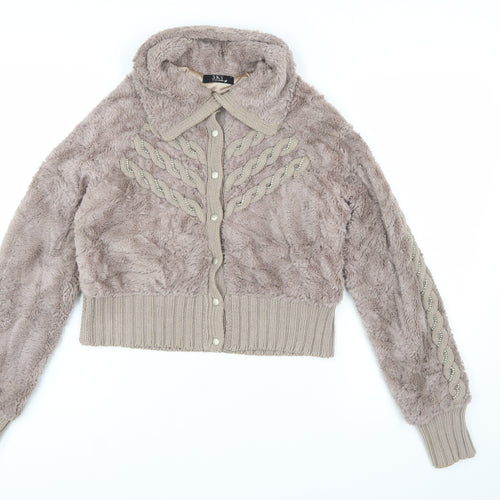 SKY Designs Women Beige Faux Fur Knit Cardigan Size S Collared