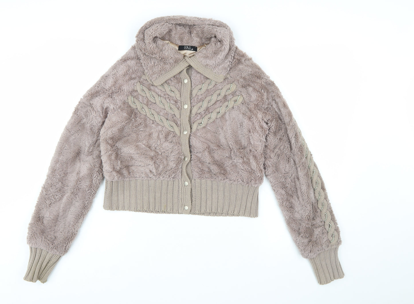 SKY Designs Women Beige Faux Fur Knit Cardigan Size S Collared