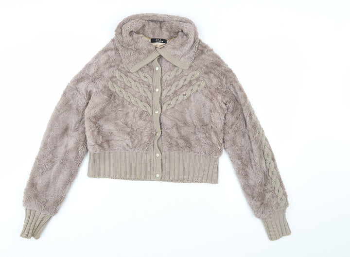 SKY Designs Women Beige Faux Fur Knit Cardigan Size S Collared