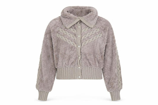 Front view of SKY Designs Women Beige Faux Fur Knit Cardigan, size S, Collared