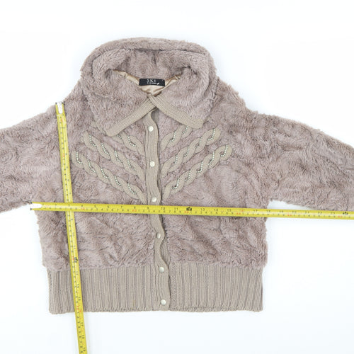 SKY Designs Women Beige Faux Fur Knit Cardigan Size S Collared