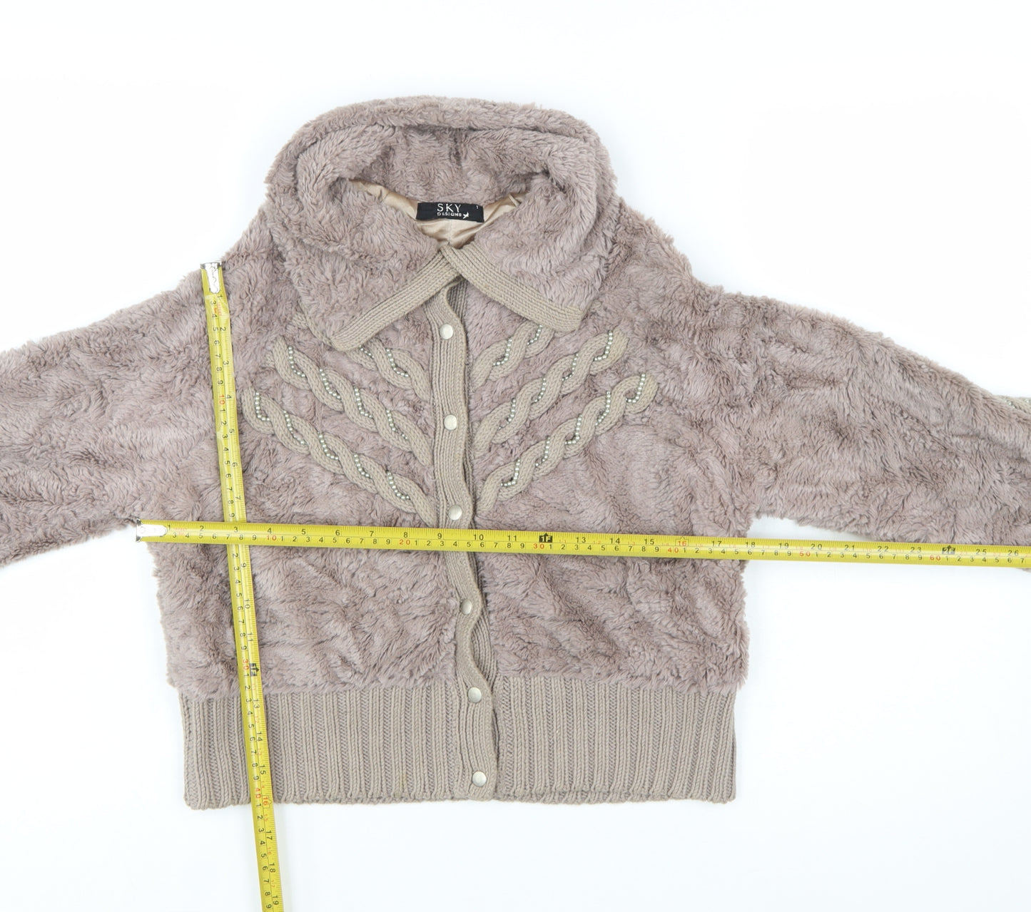 SKY Designs Women Beige Faux Fur Knit Cardigan Size S Collared
