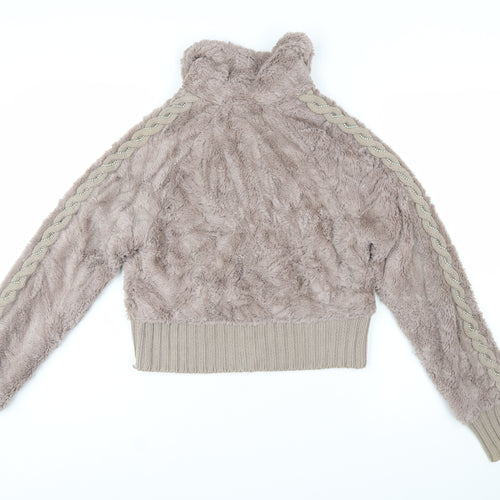 SKY Designs Women Beige Faux Fur Knit Cardigan Size S Collared