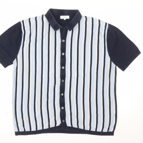Next Men's Blue Striped Cotton Collared Button Cardigan XL