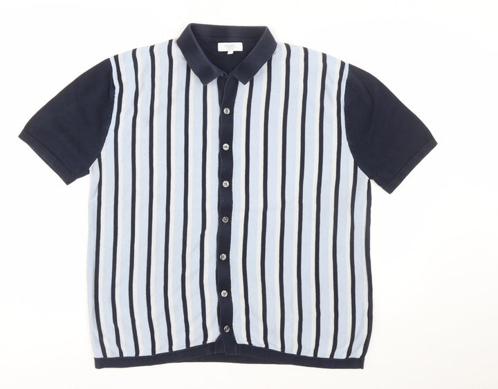Next Men's Blue Striped Cotton Collared Button Cardigan XL
