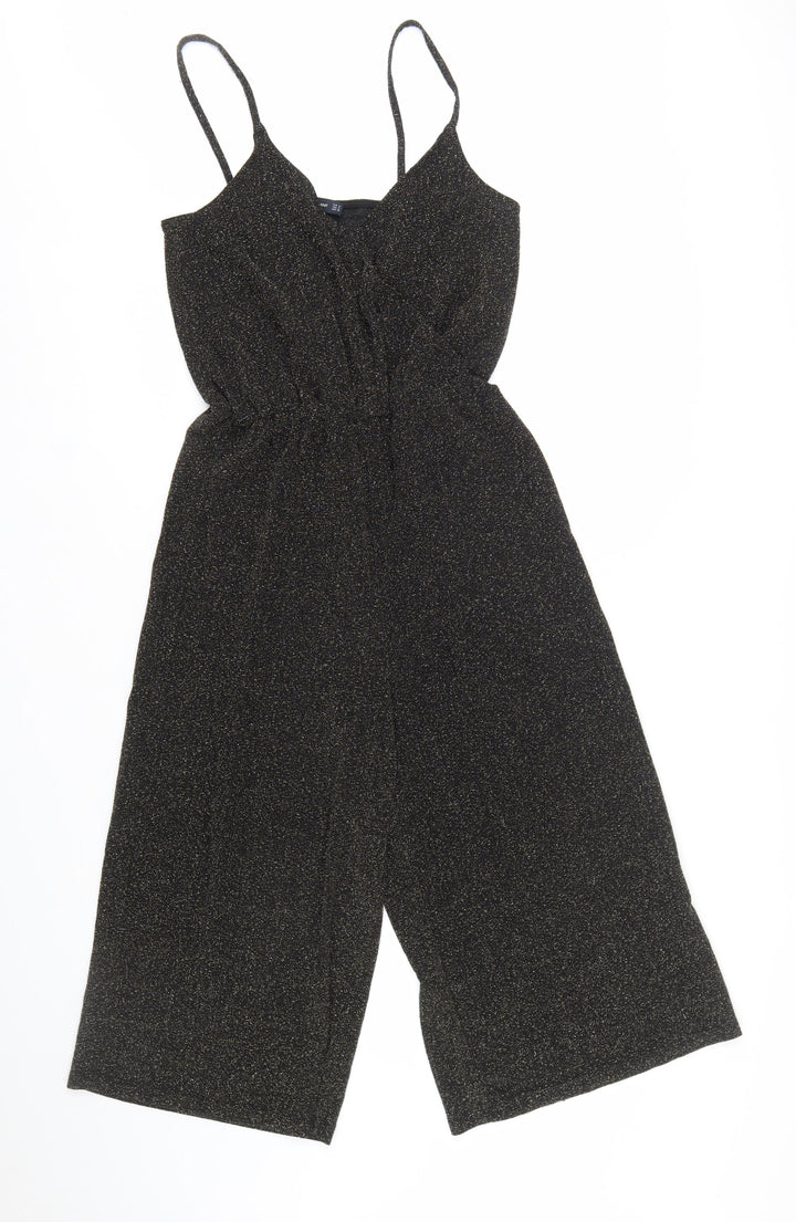Zara Women Black Glitter Knit Jumpsuit Size 8 V-Neck Wide Leg Partywear
