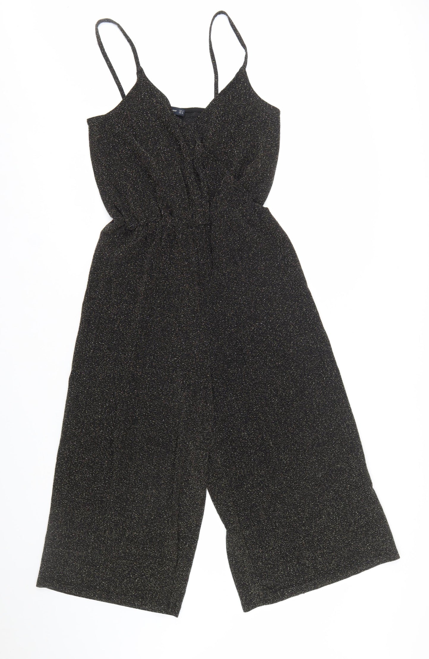 Zara Women Black Glitter Knit Jumpsuit Size 8 V-Neck Wide Leg Partywear