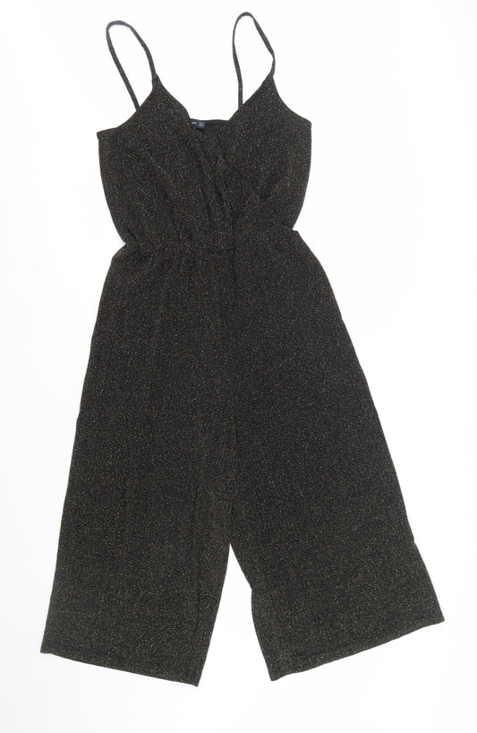 Zara Women Black Glitter Knit Jumpsuit Size 8 V-Neck Wide Leg Partywear