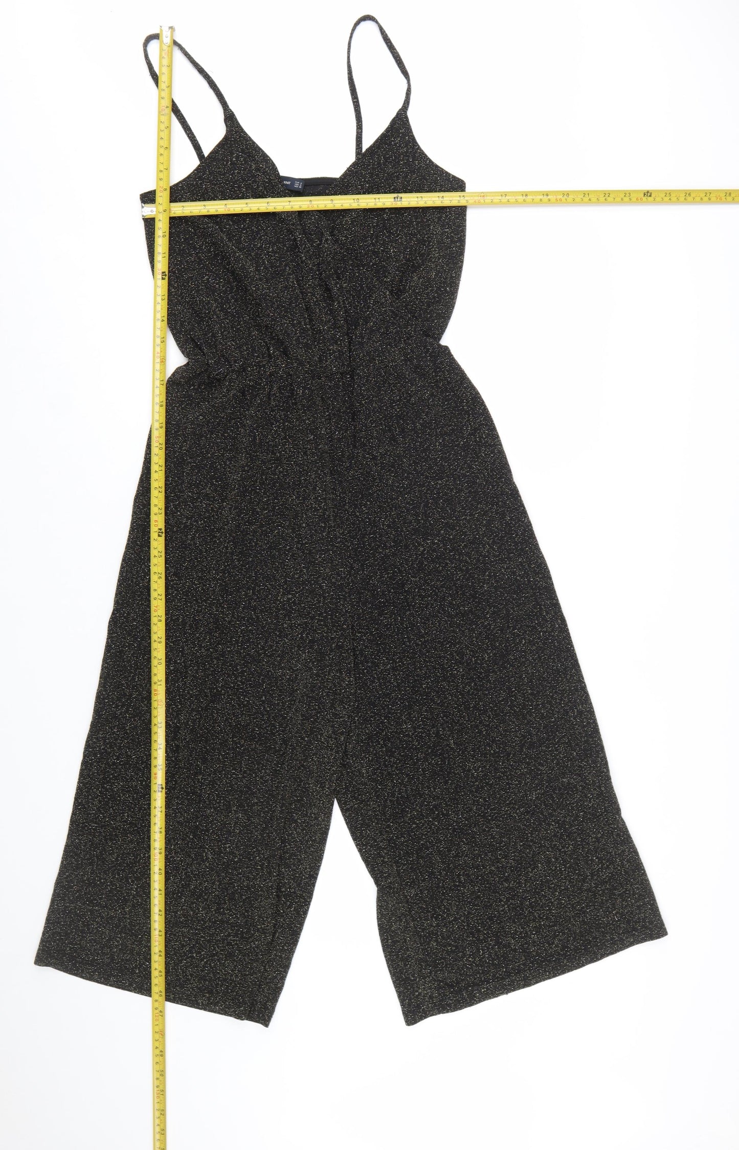 Zara Women Black Glitter Knit Jumpsuit Size 8 V-Neck Wide Leg Partywear