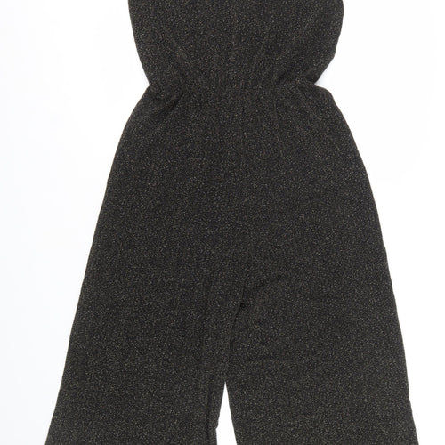 Zara Women Black Glitter Knit Jumpsuit Size 8 V-Neck Wide Leg Partywear
