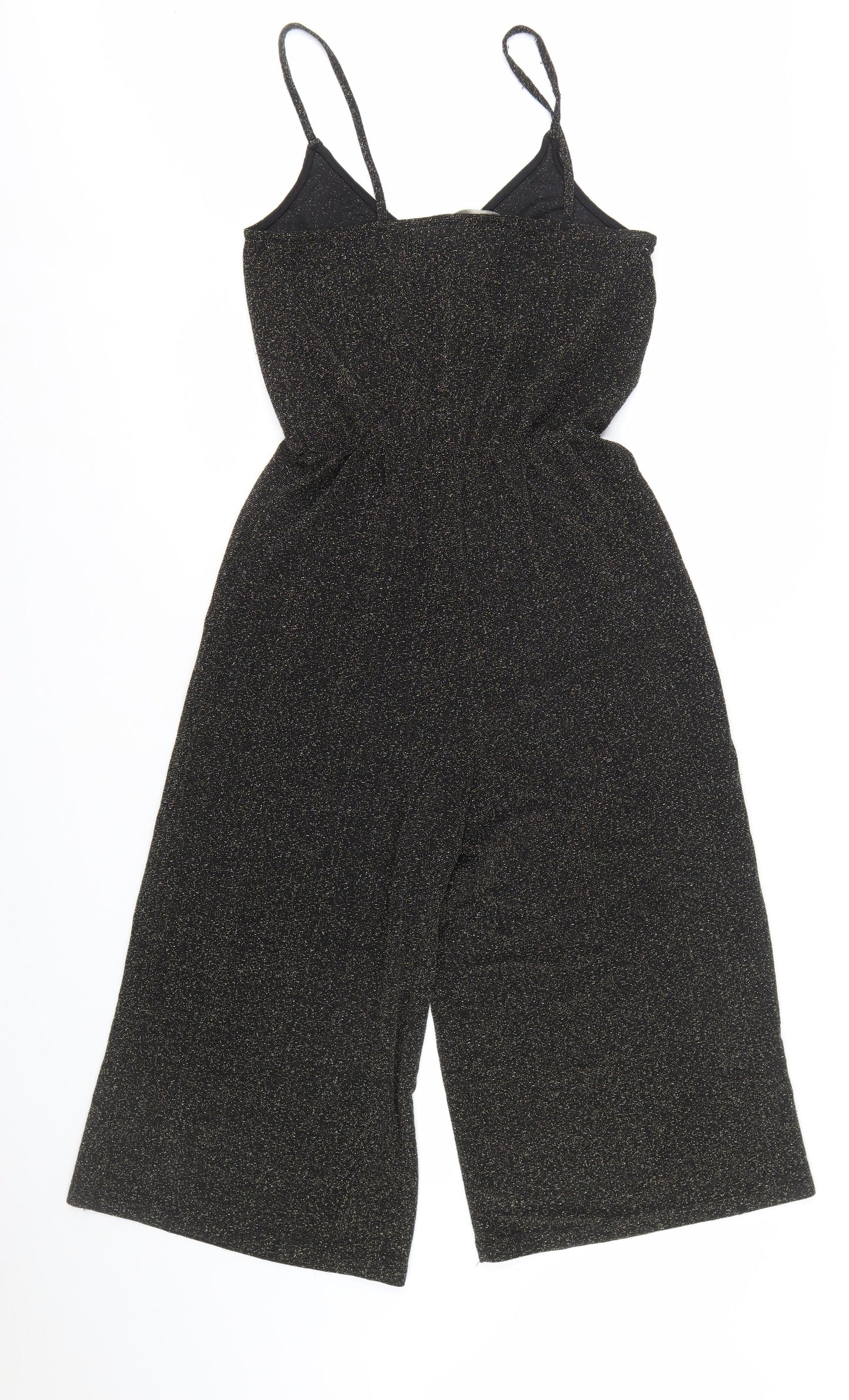 Zara Women Black Glitter Knit Jumpsuit Size 8 V-Neck Wide Leg Partywear