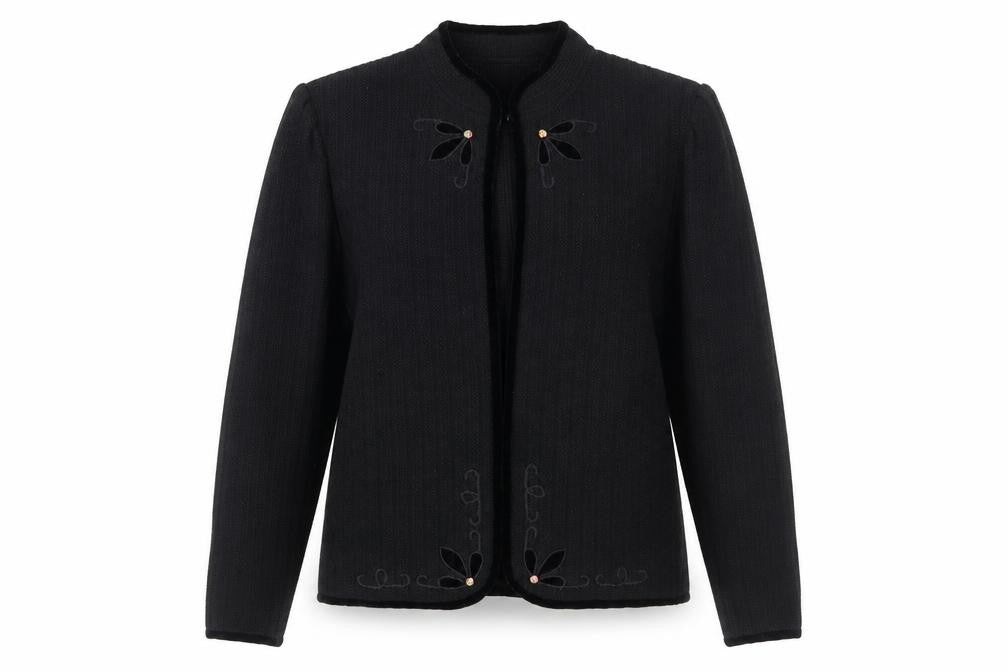 Front view of Bellino Women's Black Wool Blend Embroidered Cardigan, size 12