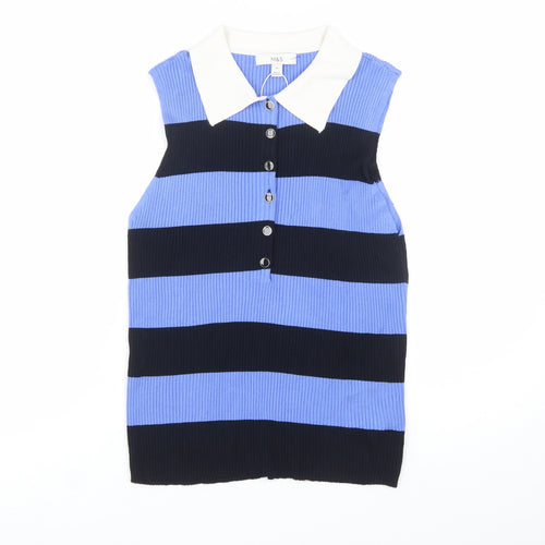 Marks and Spencer Women’s Blue Striped Collared Sleeveless Button-Up Top Size 16