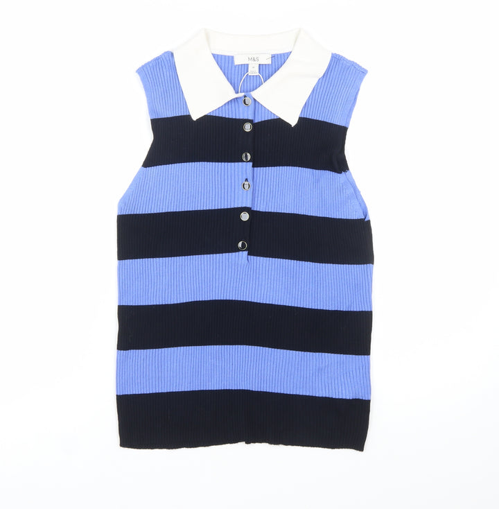 Marks and Spencer Women’s Blue Striped Collared Sleeveless Button-Up Top Size 16