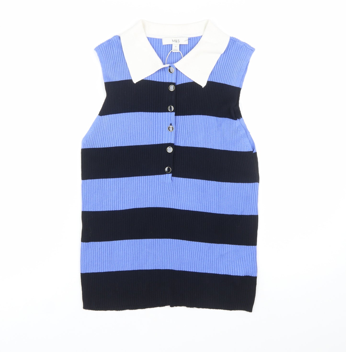 Marks and Spencer Women’s Blue Striped Collared Sleeveless Button-Up Top Size 16