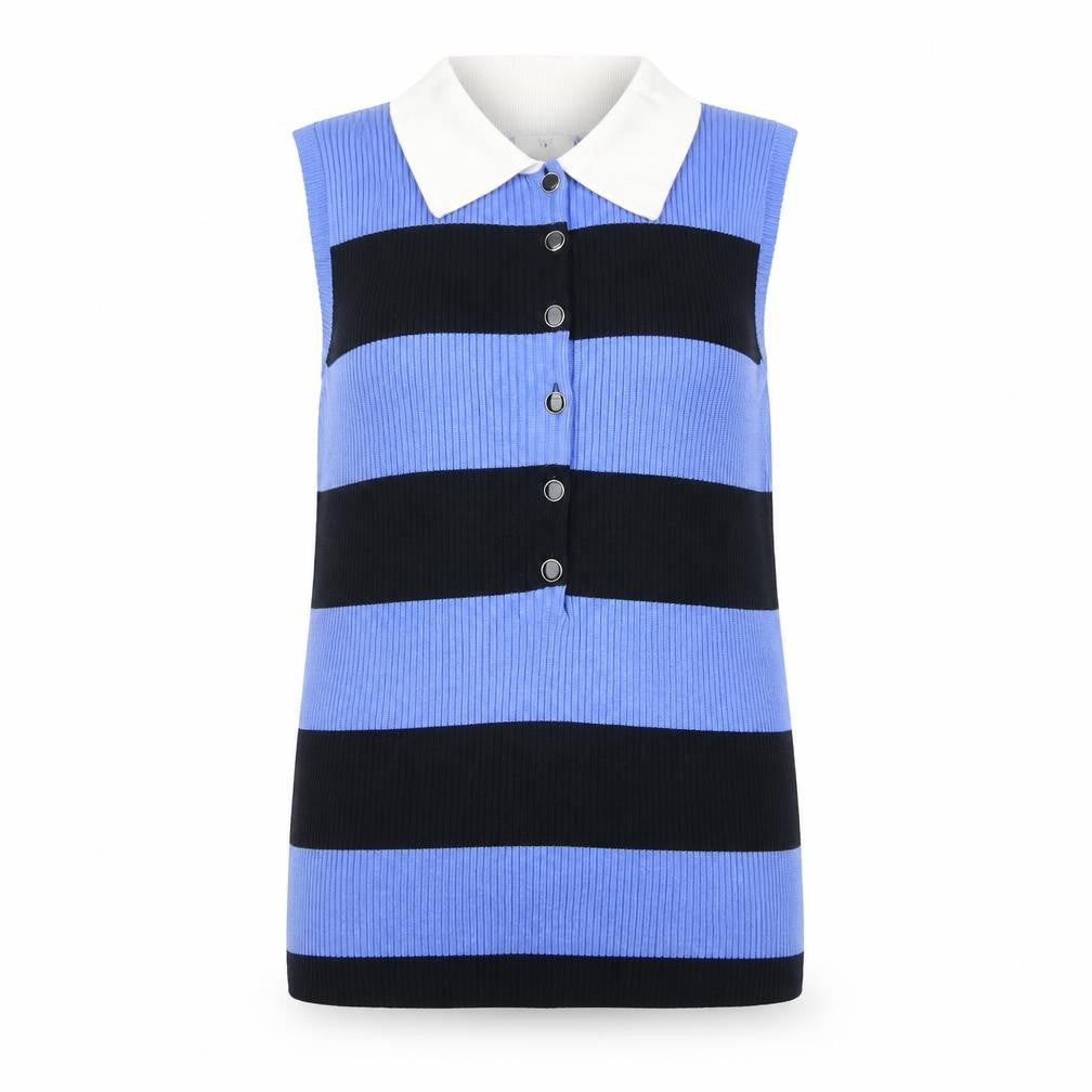 Front view of Marks & Spencer Women’s Blue Striped Collared Sleeveless Button-Up Top, size UK 16