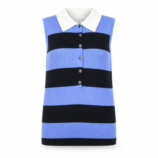Front view of Marks & Spencer Women’s Blue Striped Collared Sleeveless Button-Up Top, size UK 16