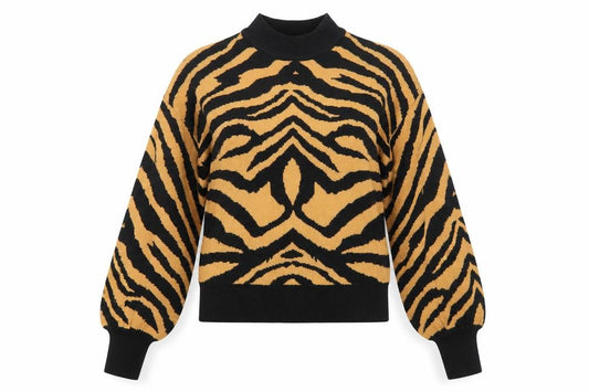 Front view of Brave Soul Women’s Brown Animal Print Mock Neck Jumper, size UK 8