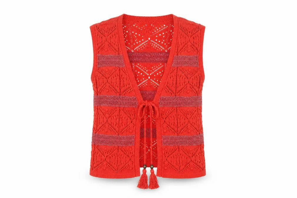 Marks and Spencer Women's Red Sleeveless Open-Knit Cardigan Vest S