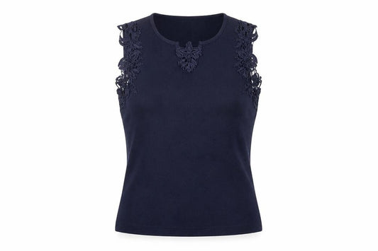 Front view of Roman Originals Women's Blue Sleeveless Crochet Trim Camisole Top, size S