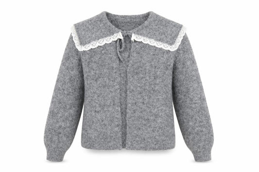 Front view of BDG Urban Outfitters women’s grey lace collar knit cardigan xs