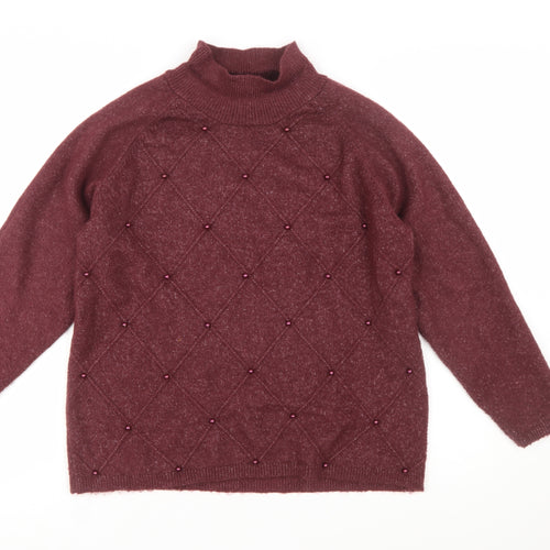 Cotton Traders Women's Red Beaded Mock Neck Jumper Size 16