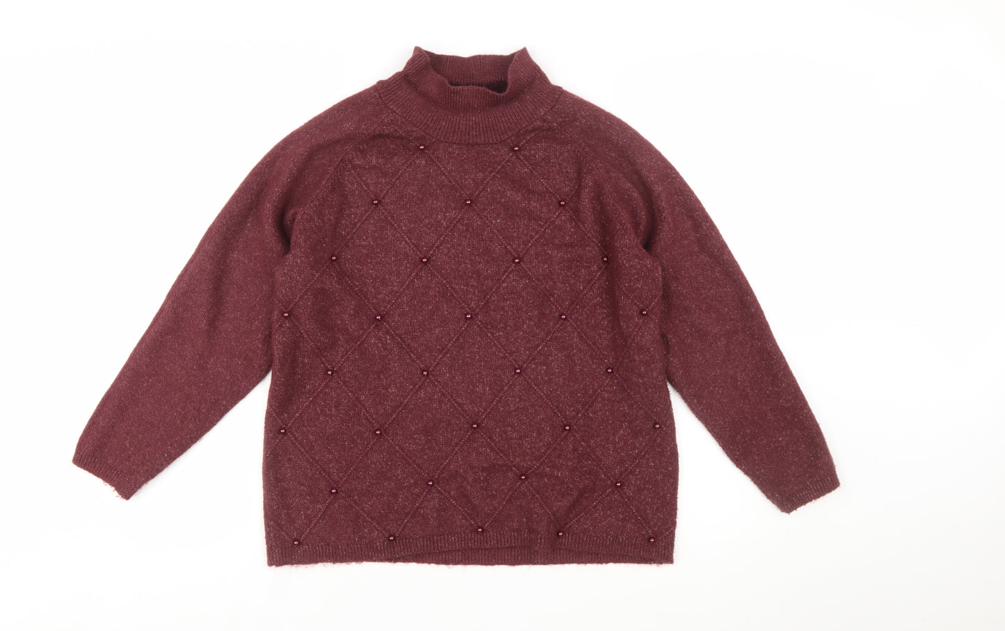 Cotton Traders Women's Red Beaded Mock Neck Jumper Size 16