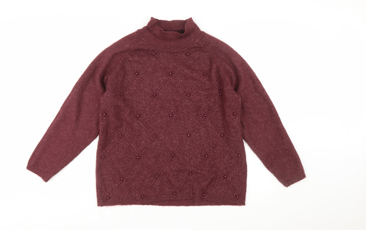Cotton Traders Women's Red Beaded Mock Neck Jumper Size 16