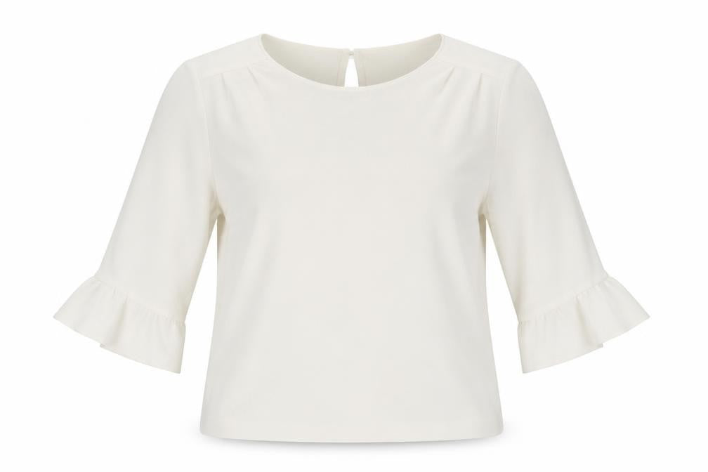 Front view of Jaeger Women's Ivory 3/4 Sleeve Ruffle Blouse, size 12