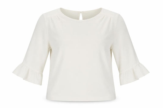 Front view of Jaeger Women's Ivory 3/4 Sleeve Ruffle Blouse, size 12