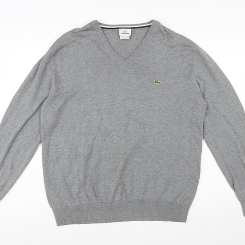 Lacoste Men's Grey Wool V-Neck Jumper XL Classic Knitwear
