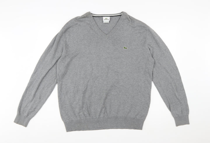 Lacoste Men's Grey Wool V-Neck Jumper XL Classic Knitwear
