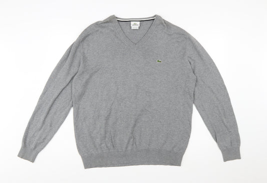 Lacoste Men's Grey Wool V-Neck Jumper XL Classic Knitwear