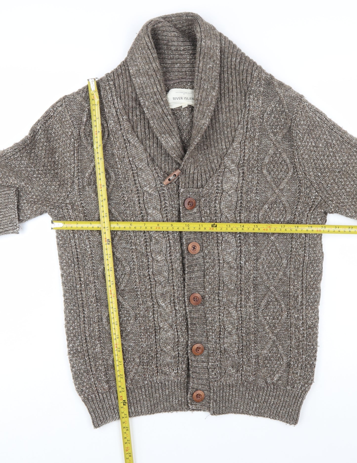 River Island Men's Brown Cable Knit Shawl Collar Cardigan Size S