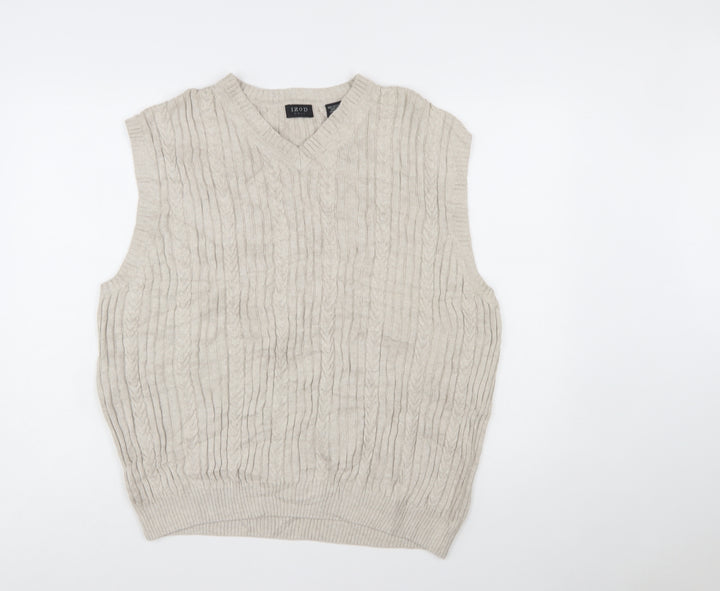 IZOD Men’s Beige Cotton Cable Knit Golf Vest L V-Neck Jumper