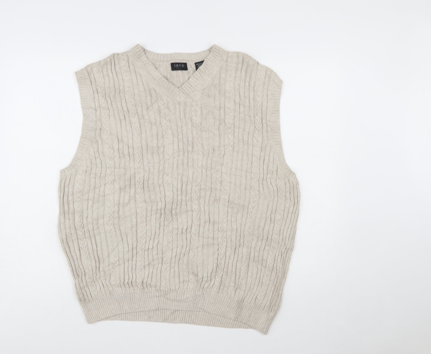 IZOD Men’s Beige Cotton Cable Knit Golf Vest L V-Neck Jumper