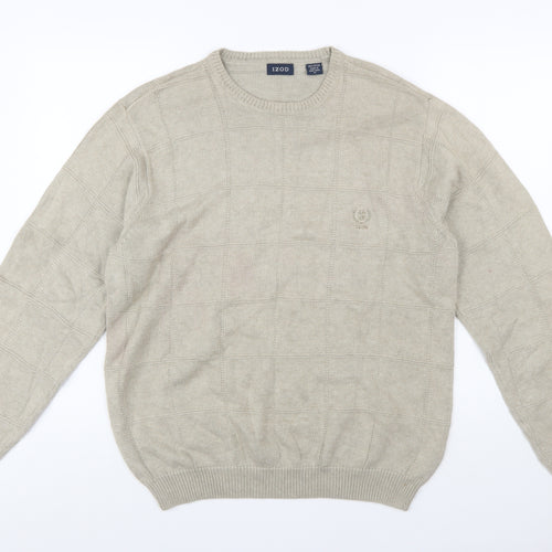 IZOD Men Beige Cotton Check Knit Crew Neck Pullover Jumper M