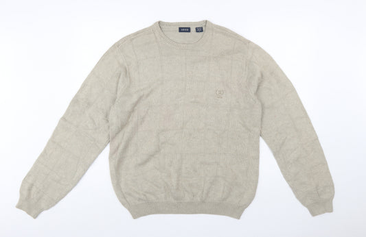 IZOD Men Beige Cotton Check Knit Crew Neck Pullover Jumper M