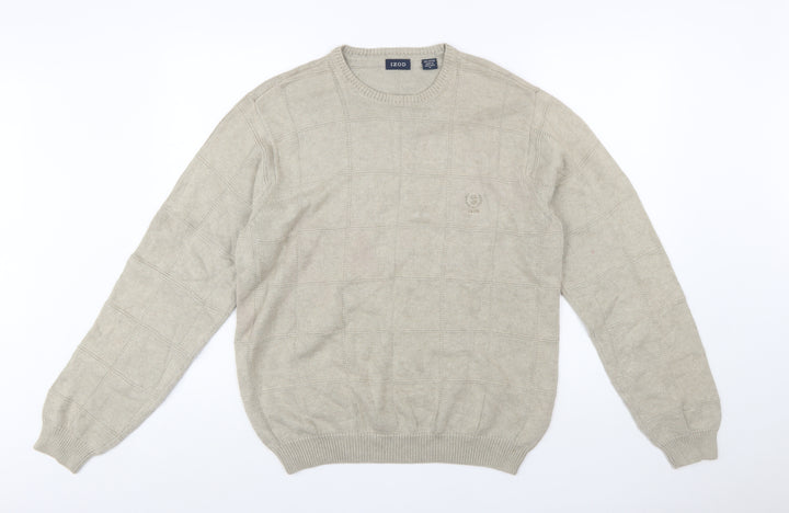IZOD Men Beige Cotton Check Knit Crew Neck Pullover Jumper M