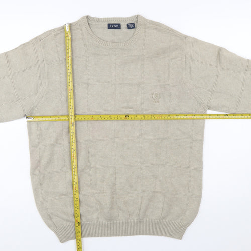 IZOD Men Beige Cotton Check Knit Crew Neck Pullover Jumper M