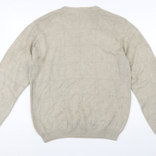 IZOD Men Beige Cotton Check Knit Crew Neck Pullover Jumper M