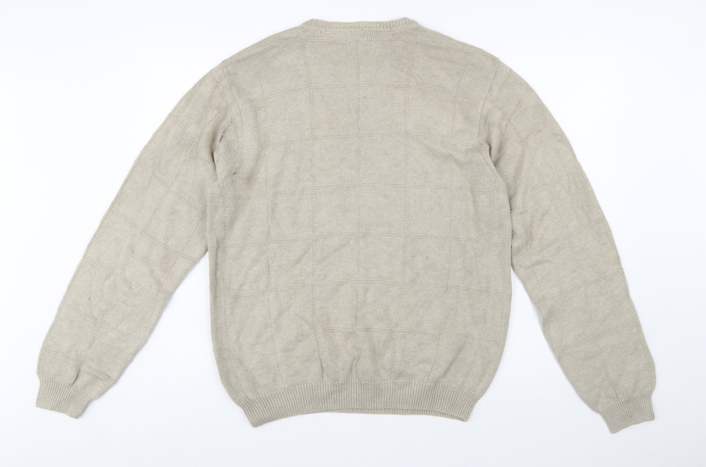 IZOD Men Beige Cotton Check Knit Crew Neck Pullover Jumper M